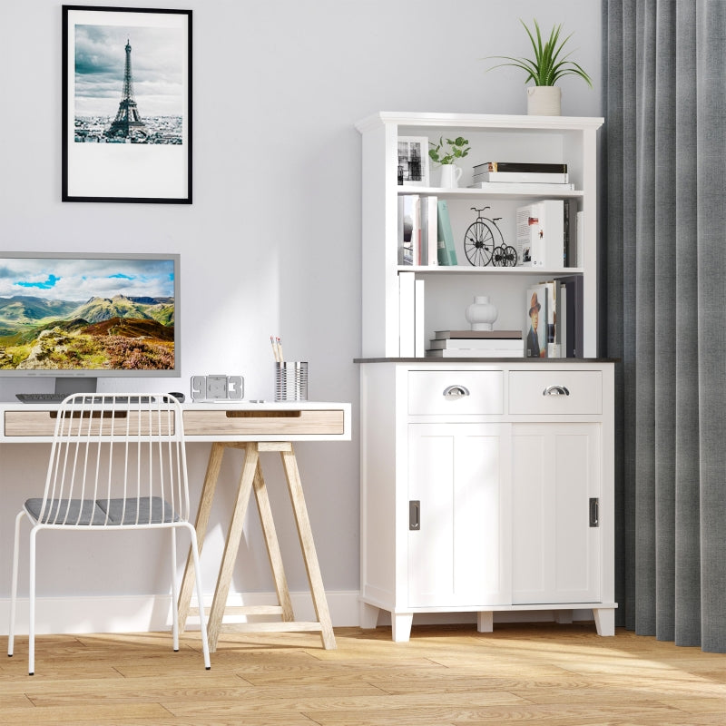 White Freestanding Kitchen Storage Cabinet with Sliding Doors and Shelves