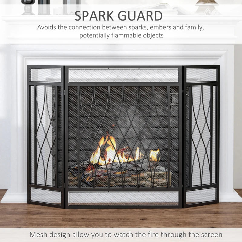 Black Metal Mesh Fireplace Screen - 3-Panel, 126 x 3 x 80 cm