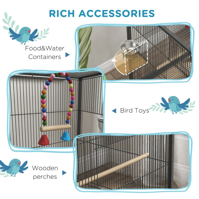 Grey Bird Cage with Rolling Stand for Small Birds