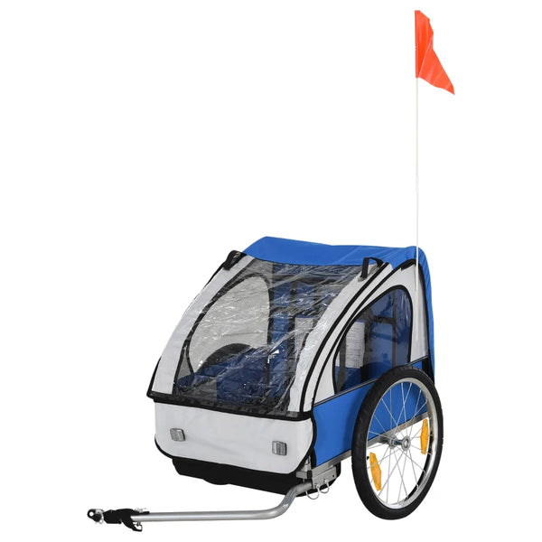 Blue White 2-Seat Child Bike Trailer with Safety Harness