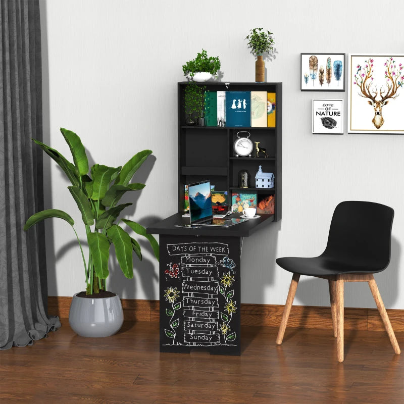 Black Wall-Mounted Drop-Leaf Table with Chalkboard and Shelf