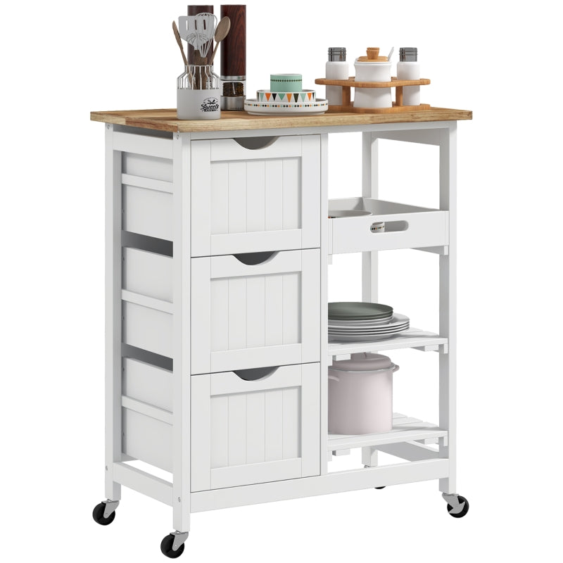 White Rolling Kitchen Island Cart with Shelves & Drawers