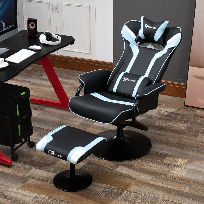 Blue Gaming Chair Set with Footrest - Recliner with Headrest and Lumbar Support