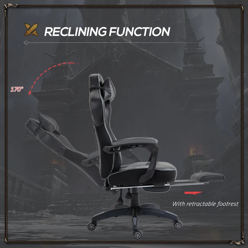 Grey Gaming Chair with Lumbar Support, Footrest, and Headrest