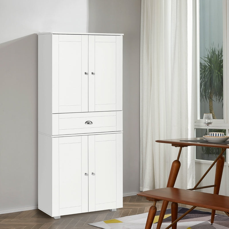 White Tall Kitchen Storage Cabinet with Drawer & Adjustable Shelves