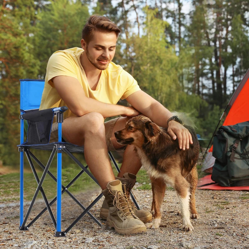 Blue Folding Camping Chair with Cup Holder and Phone Pocket