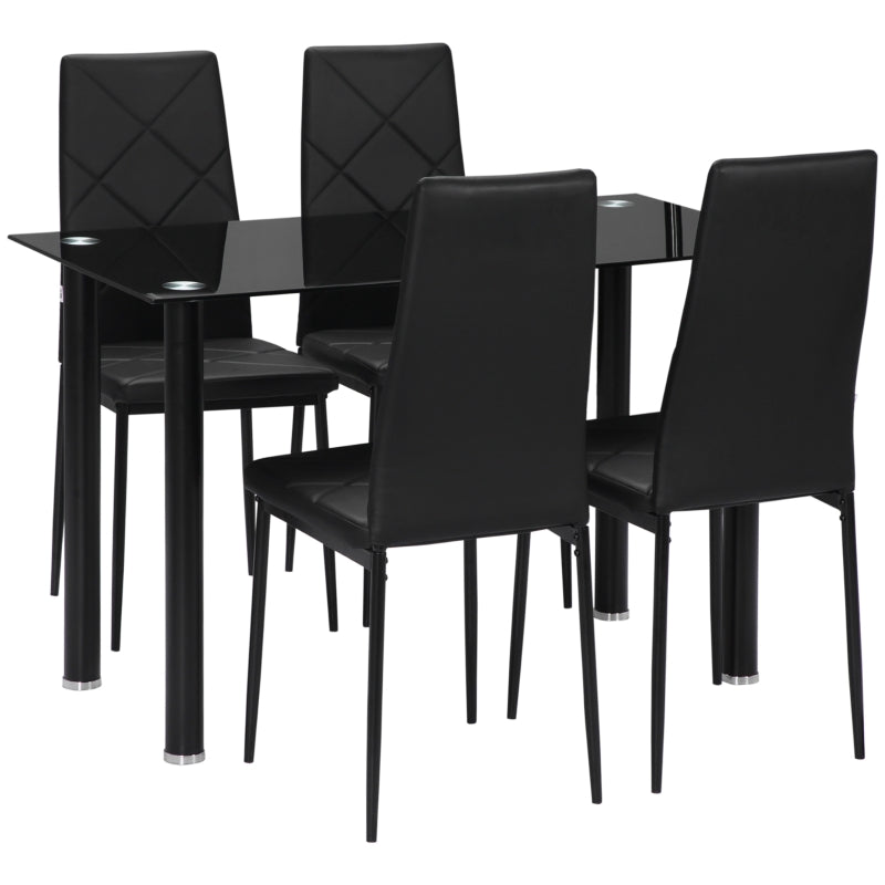 Black 4-Seater Dining Set with Glass Tabletop and Steel Frame