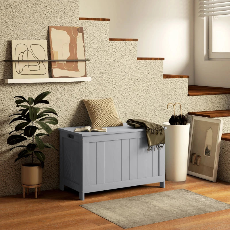 Grey Wooden Storage Trunk with Safety Hinges and Cut-out Handles, 76 x 40 x 48 cm