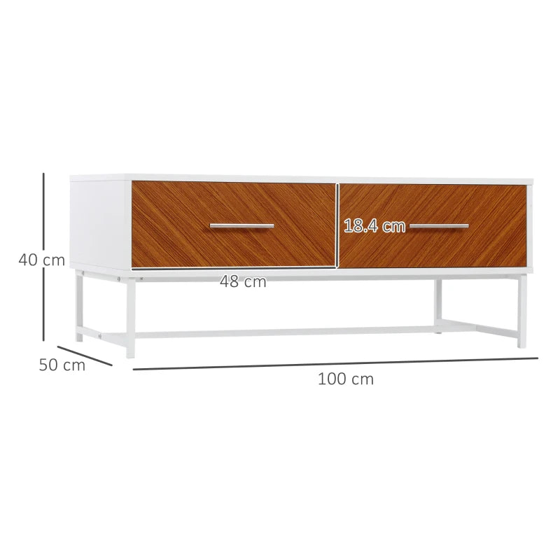 Brown Rectangular Coffee Table with Drawers and Metal Legs