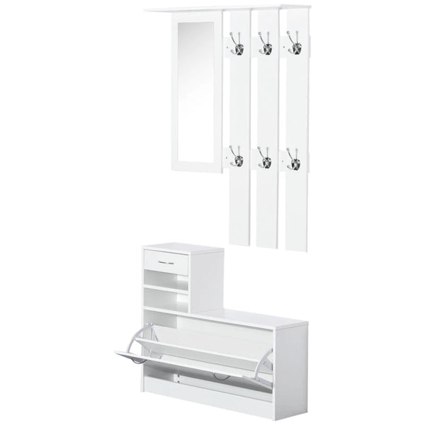 White Shoe Storage Chest with Mirror, Shelves, and Hooks