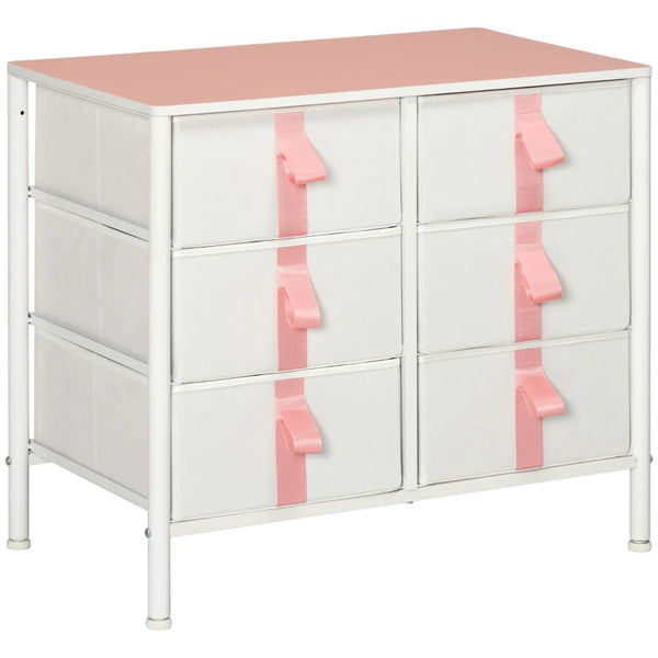 6-Drawer Pink Fabric Storage Cabinet with Metal Frame and Wooden Top