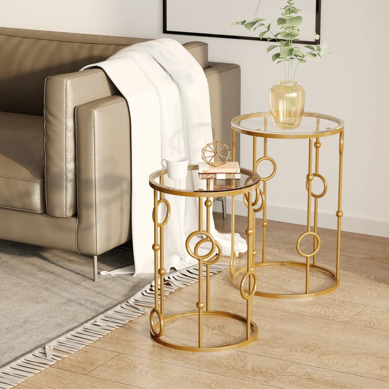 Gold Round Nesting Coffee Tables Set of 2 with Glass Top