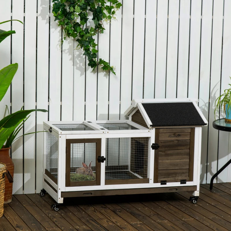 Brown Wooden Rabbit Hutch with Removable Tray and Wheels