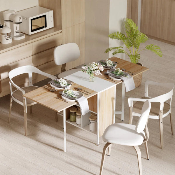 Foldable Drop Leaf Dining Table with Storage Shelves - Oak & White