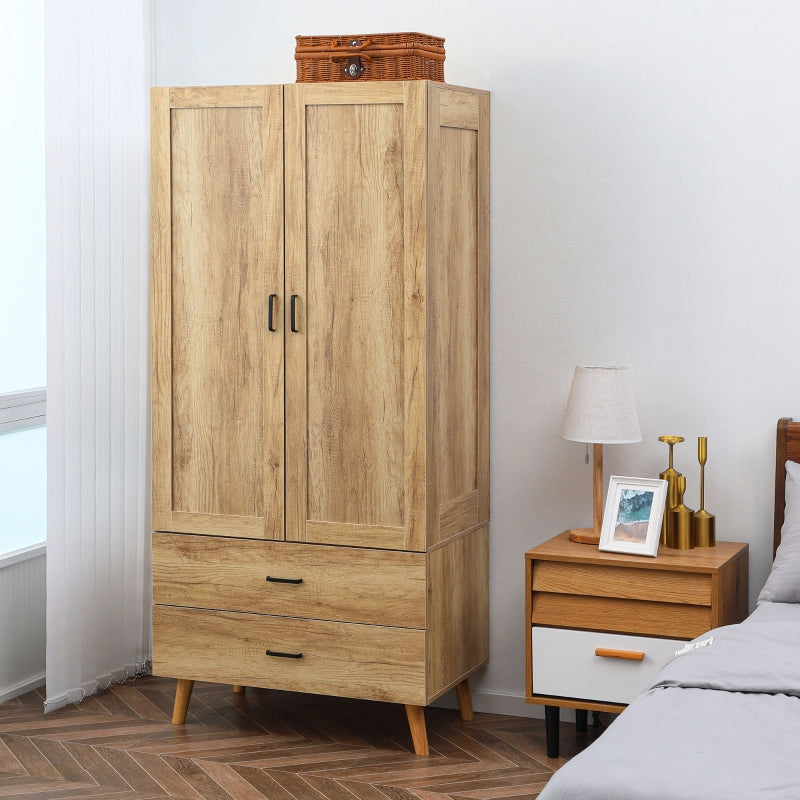 Natural 2-Door Wardrobe with Drawers and Hanging Rail for Bedroom