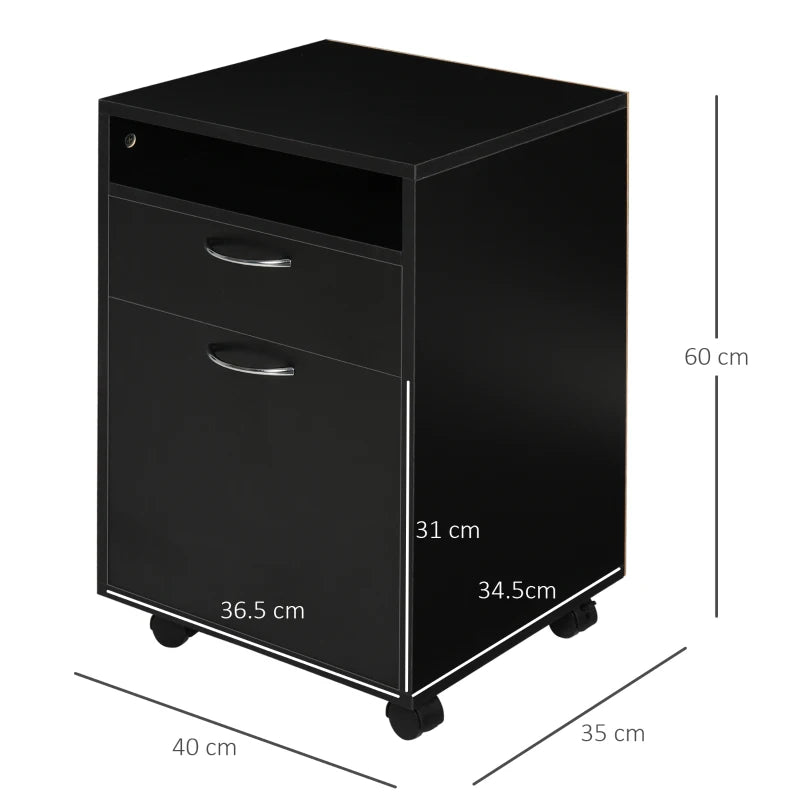 Black 60cm Storage Cabinet with Drawer, Open Shelf, Metal Handles, 4 Wheels - Office Home Organizer