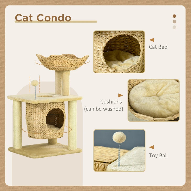 Beige Cat Tree with Scratching Posts, House, Bed & Toy Ball