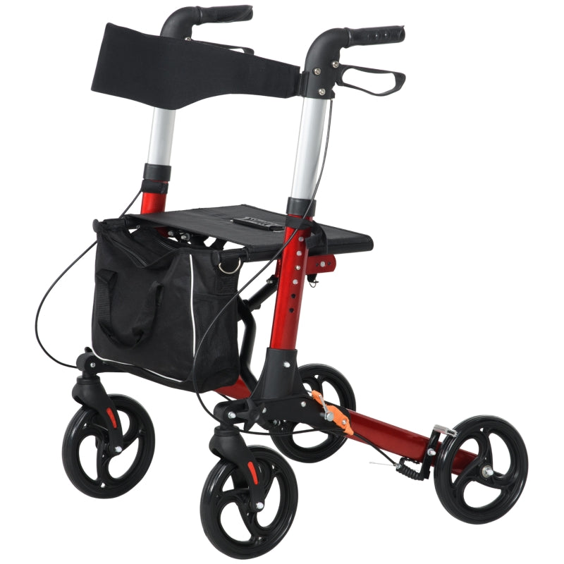 Red Folding Rollator Walker with Seat and Storage Bag