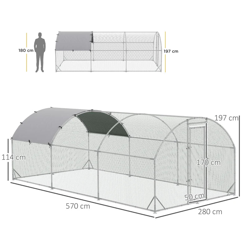 Large Galvanised Chicken Coop with Cover - 5.7 x 2.8 x 2m - Grey