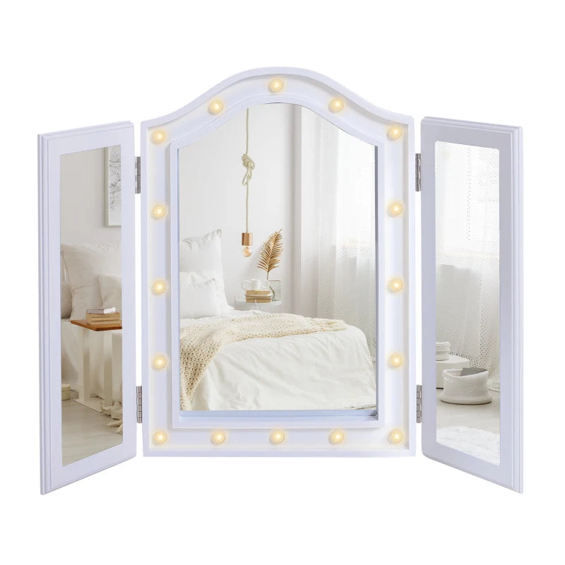 White Trifold Lighted Vanity Mirror with 16 LED Lights