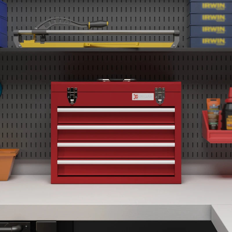 Red 4-Drawer Lockable Metal Tool Box with Handle and Ball Bearing Runners