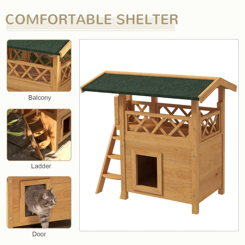 Outdoor Cat House with Balcony and Stairs, Natural Wood Finish, 77 x 50 x 73 cm