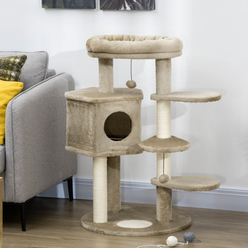 Brown Cat Tree with Multiple Levels, House, Bed & Toy Ball