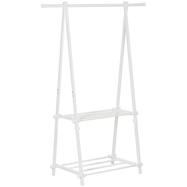 White Foldable Clothes Rack with 2 Shelves - Adjustable Hallway Furniture