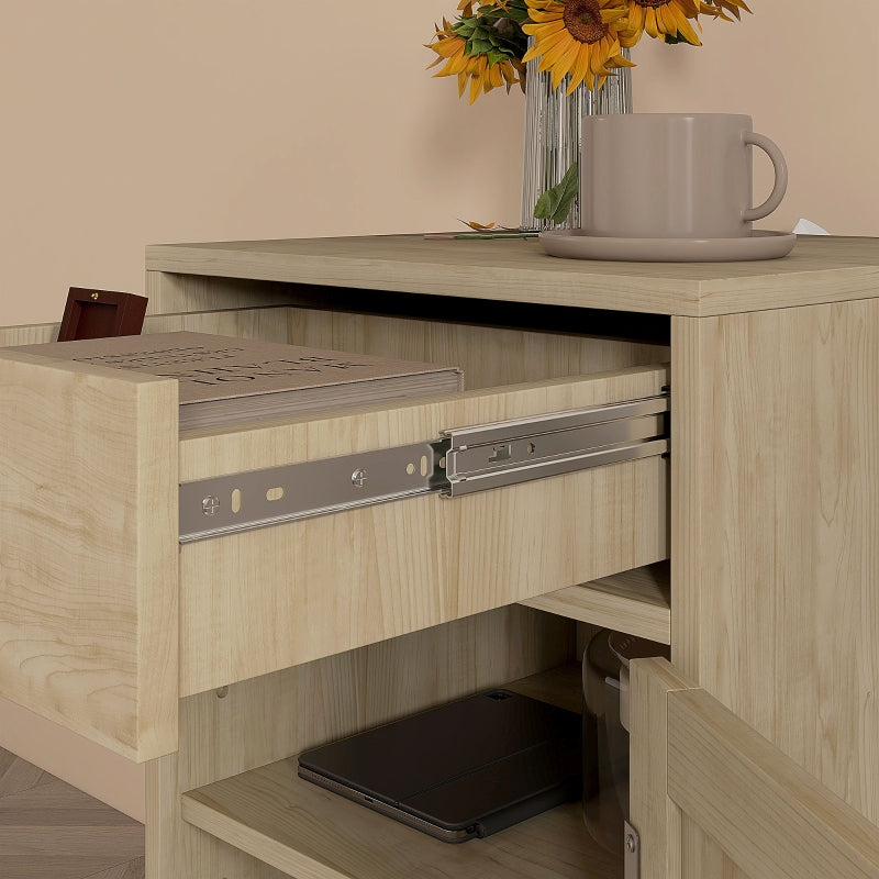 Rattan Boho Bedside Cabinet - Natural Wood - Drawer & Shelf - Bedroom & Living Room Storage