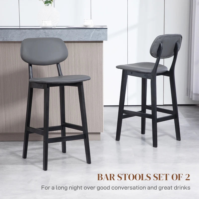 Dark Grey Faux Leather Bar Stools Set of 2 with Backs and Wooden Legs