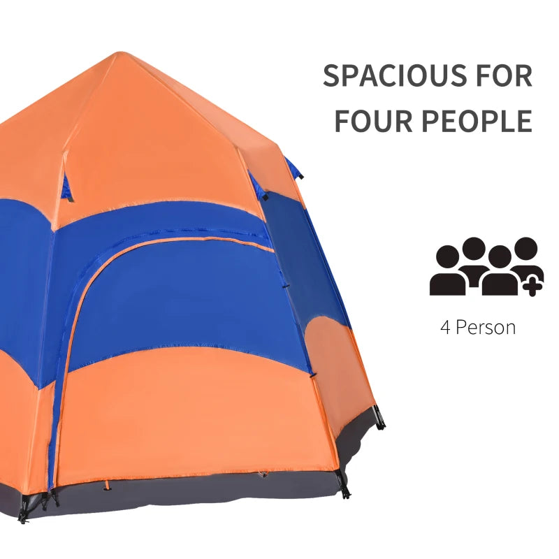 Hexagon Double Layer Dome Tent, 4-Person Pop Up Camping Shelter, Orange/Blue