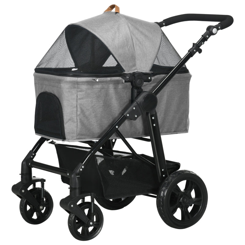 Grey Pet Stroller for Small Dogs and Cats with Detachable Carrier Bag