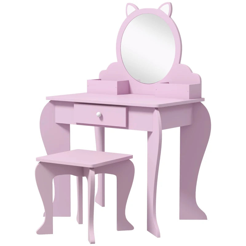 Kids Pink Cat Vanity Set with Mirror, Stool, Drawer & Storage - Ages 3-6