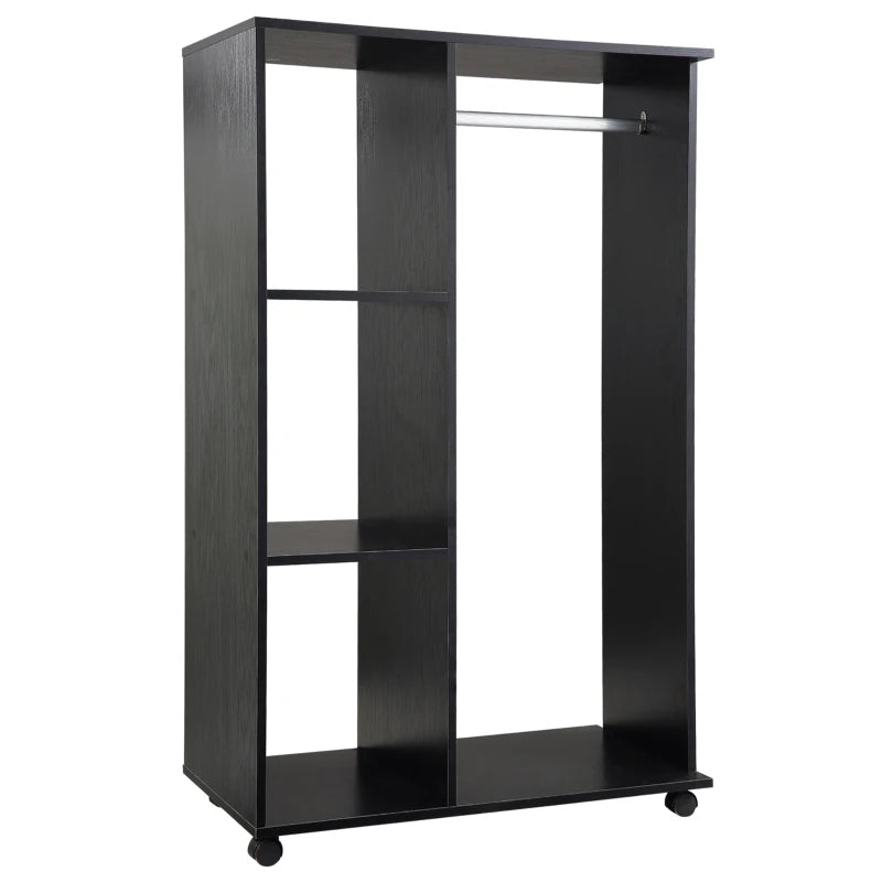 Black Mobile Wardrobe with Hanging Rod and Shelves