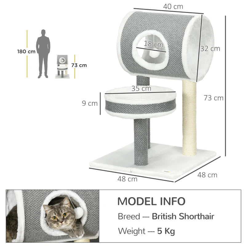 Cat Tree with Scratching Post and Toy Ball - White, 48 x 48 x 73cm