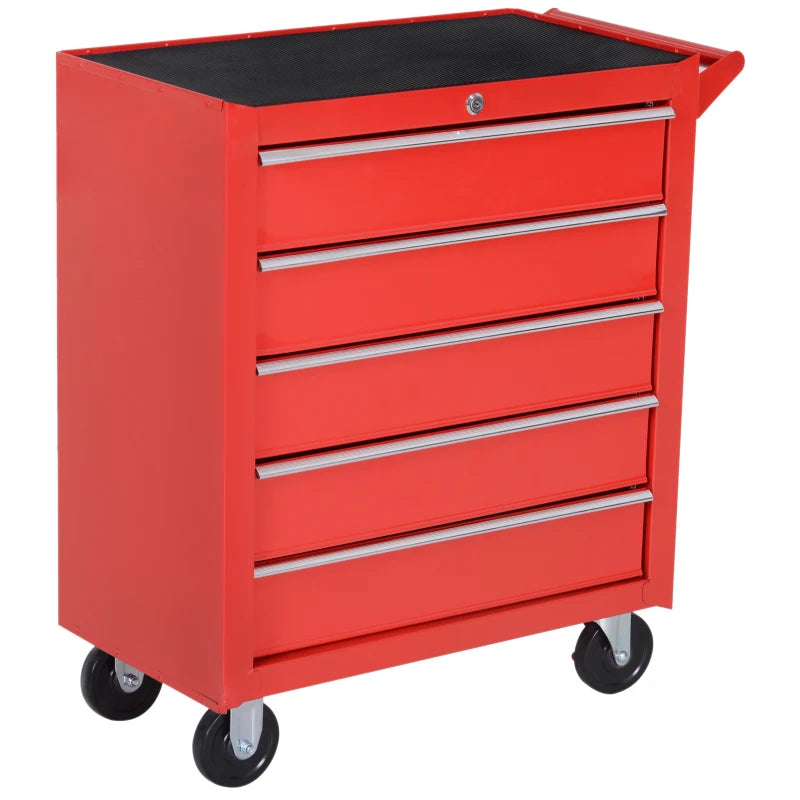 Red 5-Drawer Tool Cabinet Storage Box with Wheels and Handle