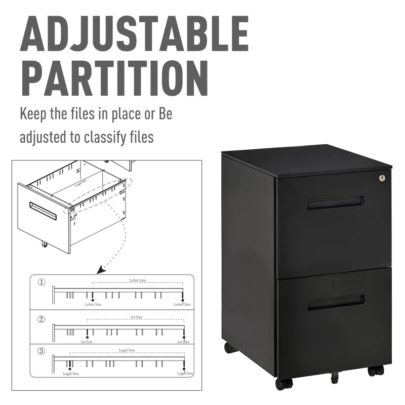 Black 2-Drawer Vertical File Cabinet with Lock, Adjustable Partition - A4/Letter Size