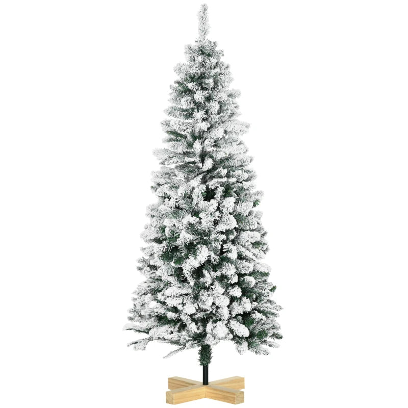 5 Ft Snow Flocked Green Christmas Pencil Tree, Realistic Branches, Auto Open