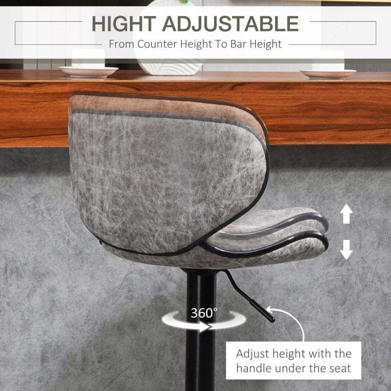 Grey Microfiber Cloth Swivel Bar Stool Set of 2, Adjustable Height Armless Chairs