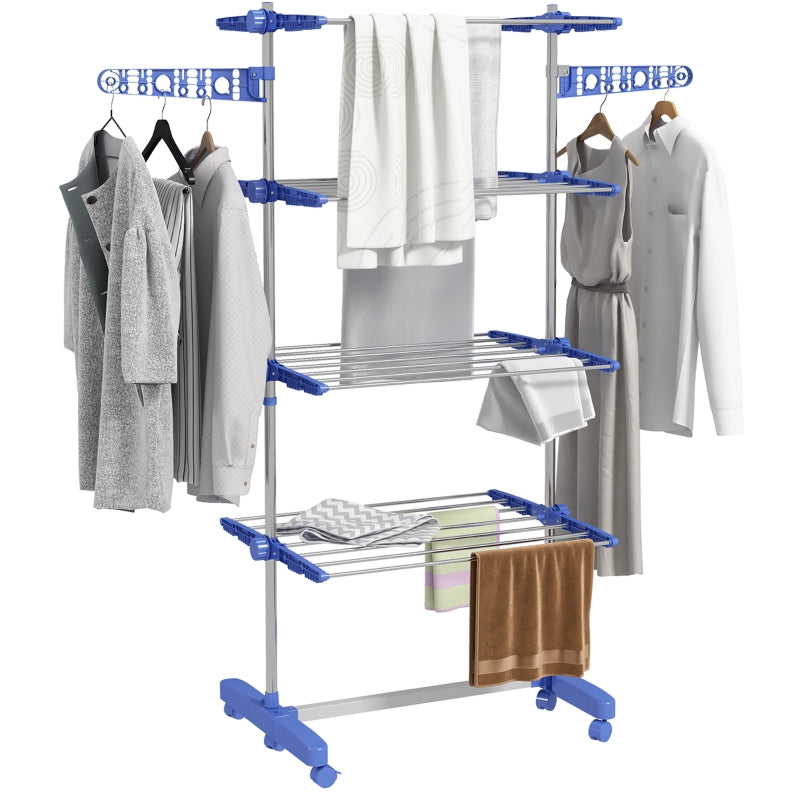 Blue 4-Shelf Folding Clothes Drying Rack with Side Arms and Wheels