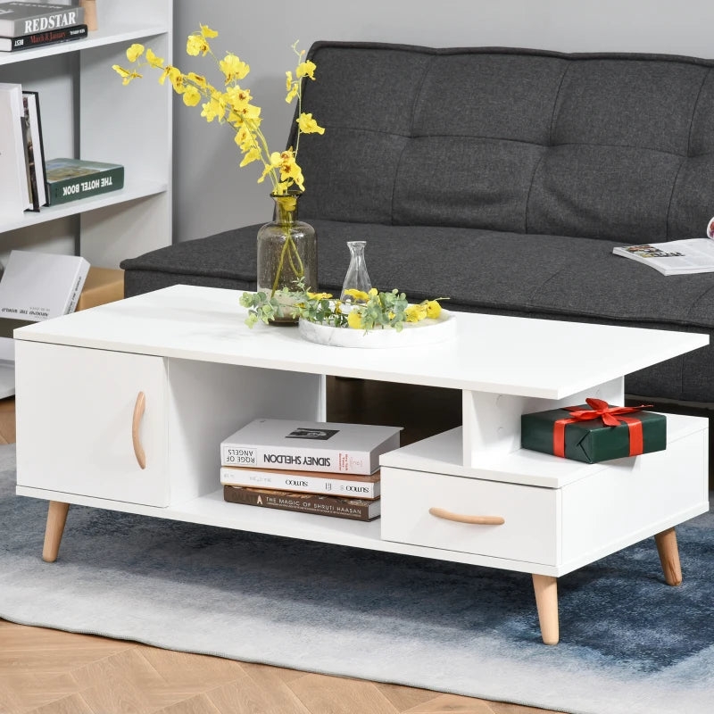 White Modern Coffee Table with Storage and Drawer