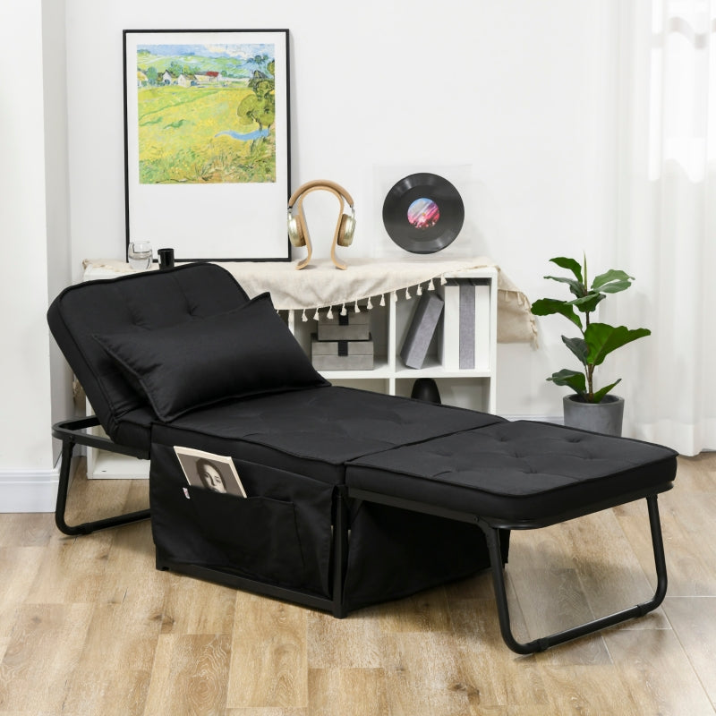 Black Fabric Folding Sleeper Chair with Adjustable Backrest and Side Pockets