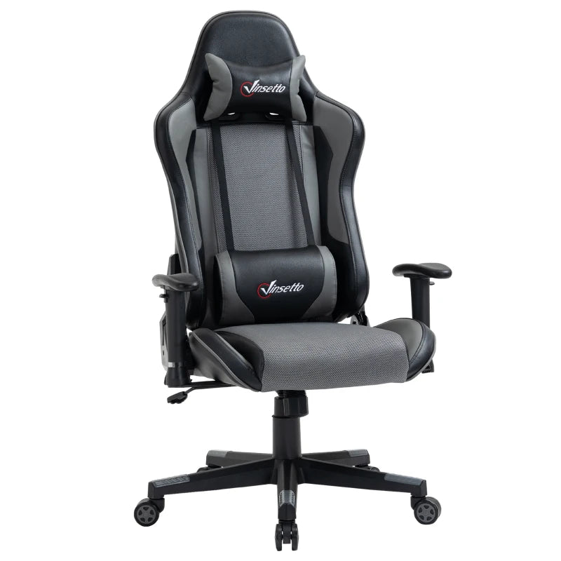 Grey Racing Gaming Chair with Headrest and Lumbar Support