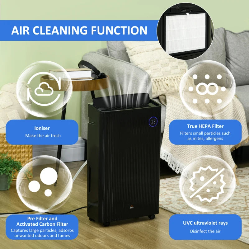 Black Portable Dehumidifier with Air Purifier, UVC, Ioniser, 24H Timer, 5 Modes - 16L/Day