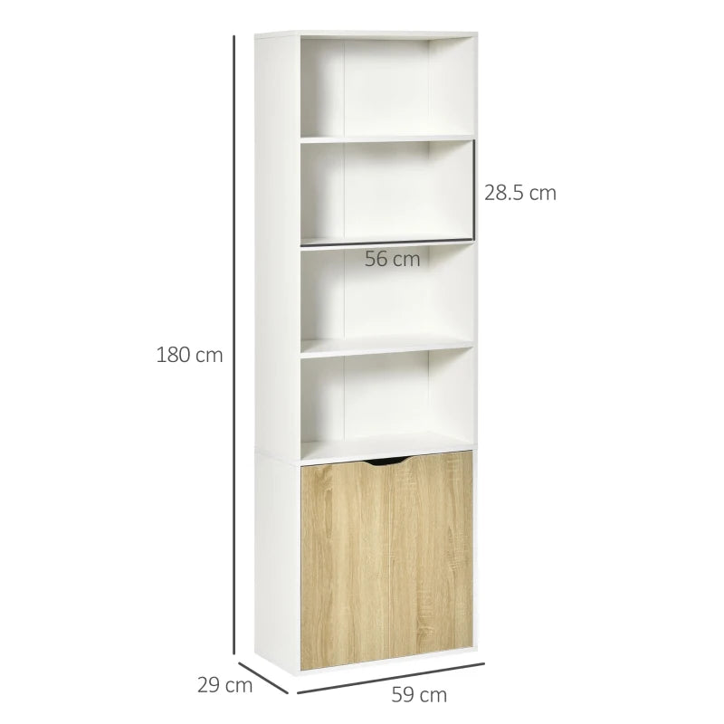 6-Tier White and Oak Bookcase with Double Door Cabinet