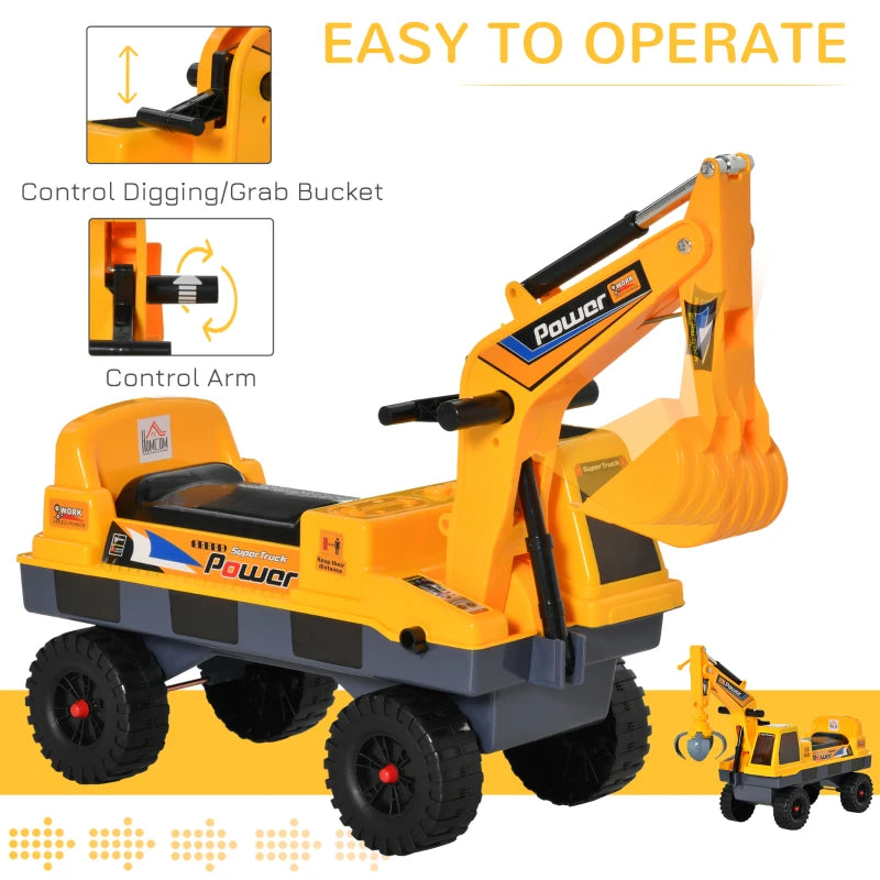 Kids Yellow Ride-On Excavator with Detachable Digging Bucket and Grab Bucket