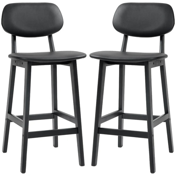 Black Wooden Bar Stools with Faux Leather Seats - Set of 2