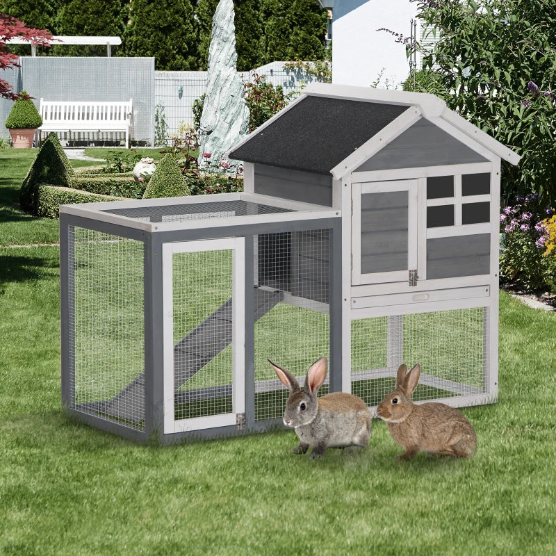 Grey 2-Tier Wooden Rabbit Hutch with Run and Sliding Tray, 122 x 62.6 x 92cm