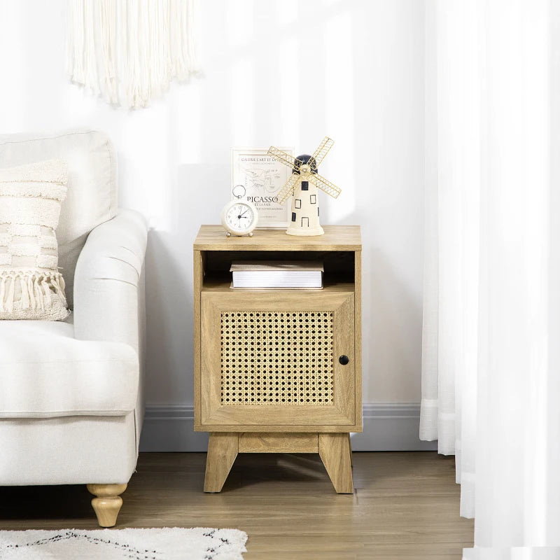 Natural Rattan Bedside Table with Shelf and Cupboard, 39x35x60cm