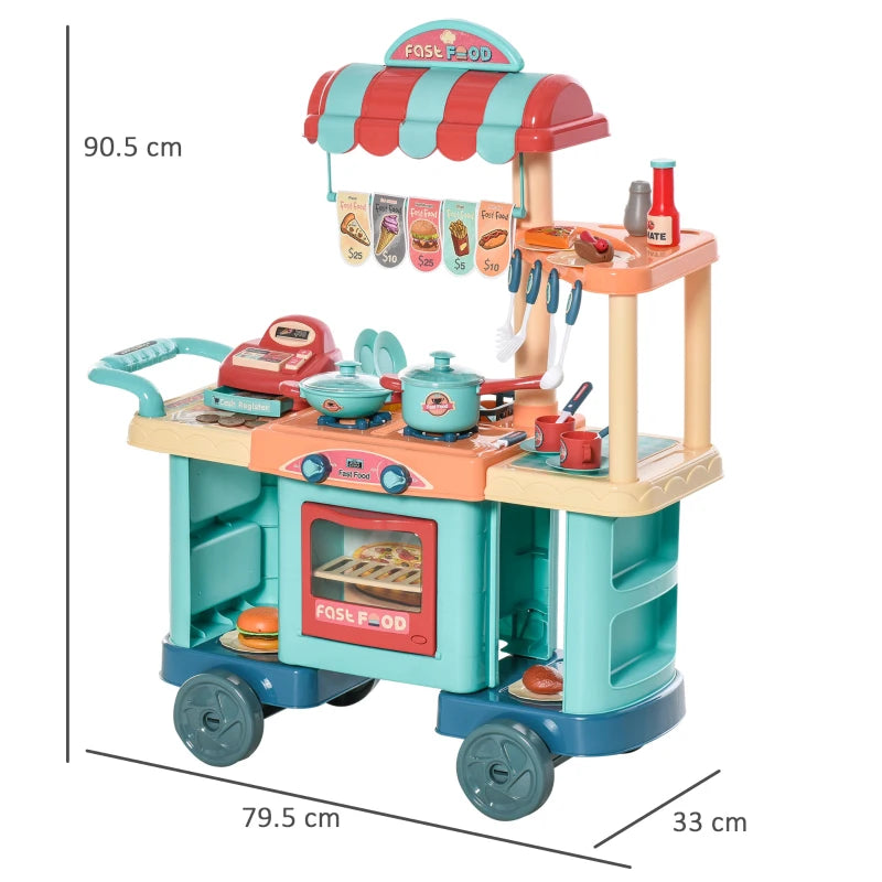 Kids Fast Food Trolley Cart Playset - Blue Pretend Play Kitchen Set